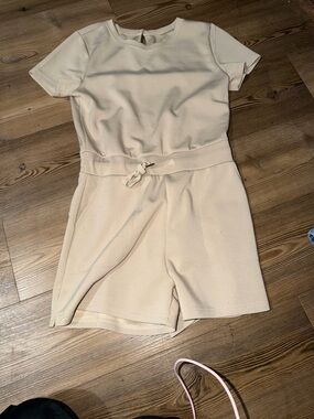 Cream Short Sleeve Romper with Waist Tie